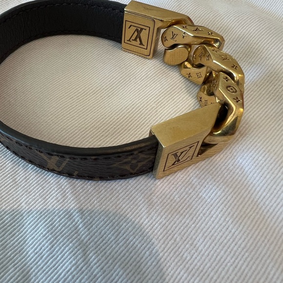 Louis Vuitton gold chain links bracelet w/monogram leather band - Picture 3 of 9